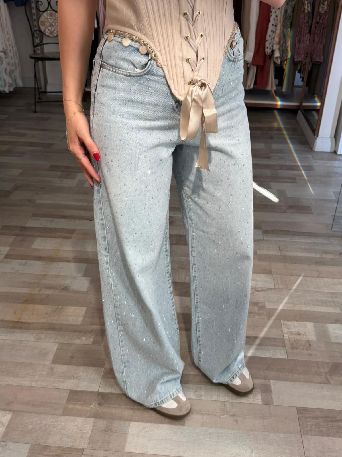 Kristal Taşlı Yüksek Bel Bol Jean