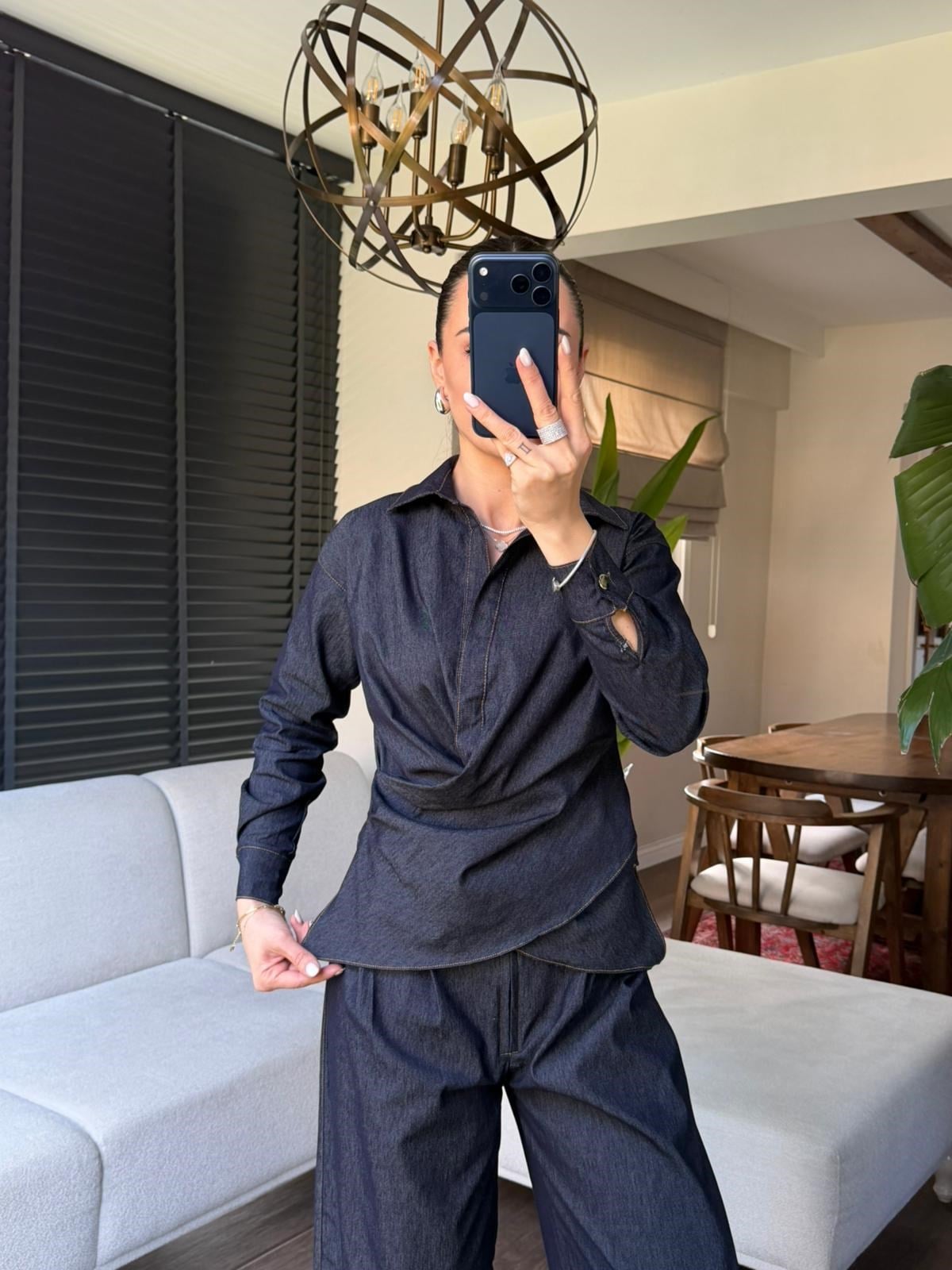 Kruvaze Yaka İndigo Denim Görünümlü Gömlek