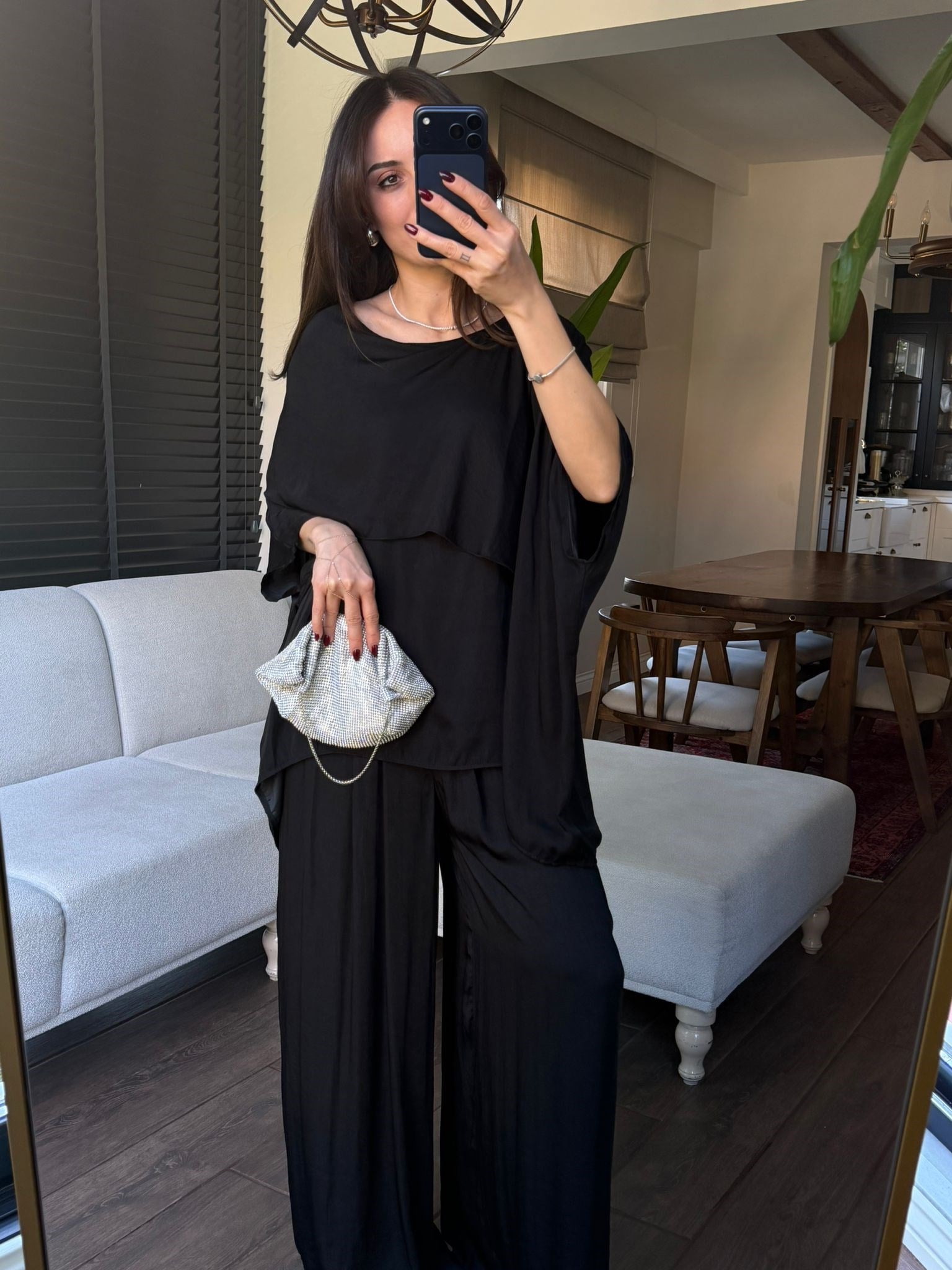 Saten Dokulu Salaş Bluz Pantolon Takım 