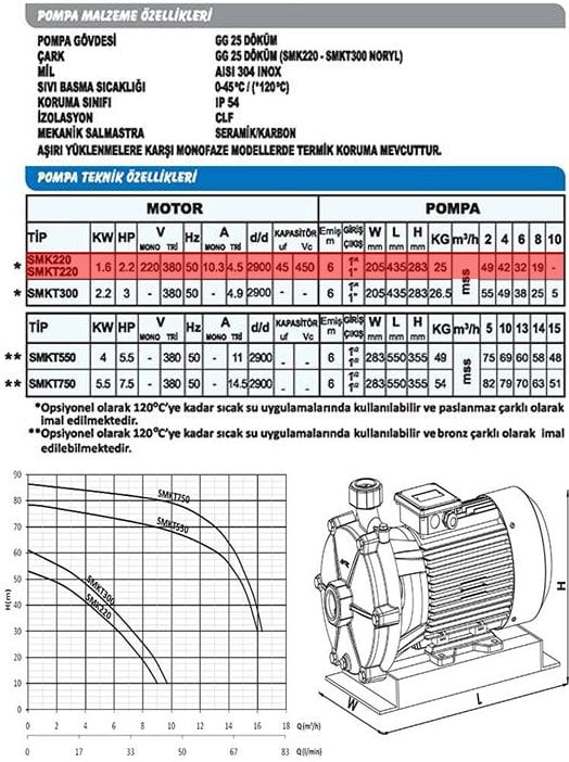 Sumak SMKT220-S Sıcak Su Çift Kademeli Santrifüj Pompa