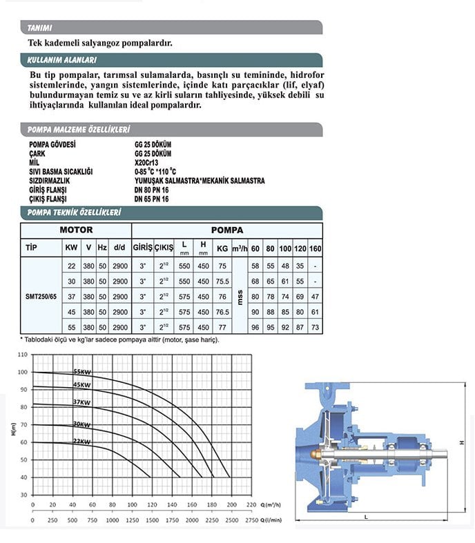 Sumak SMT 250/65 45 KW 2900 D/D Motorlu Salyangoz Pompa