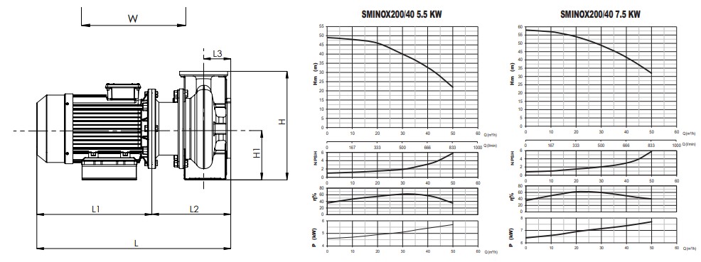Sumak SMINOX 200/40 7.5Hp Rijit Kaplinli Paslanmaz Santrifüj Pompa Eğri ve Ölçüleri
