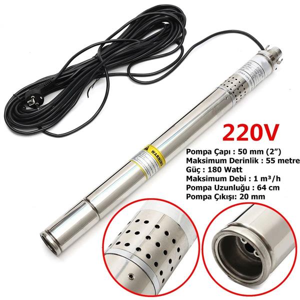 2 50 mm Dış Çap En İnce Dalgıç Pompa 10 Metre Kablolu 180 Watt 55 mss 1 m³/h