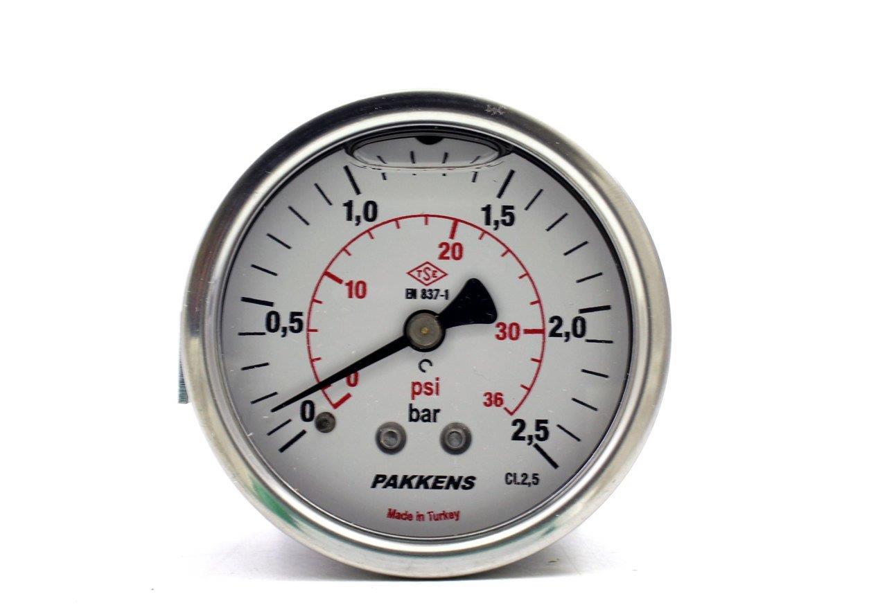 Pakkens 0-2.5 Bar 50 mm Arkadan Bağlantılı Panotipli Gliserinli Manometre G 1/4 inç