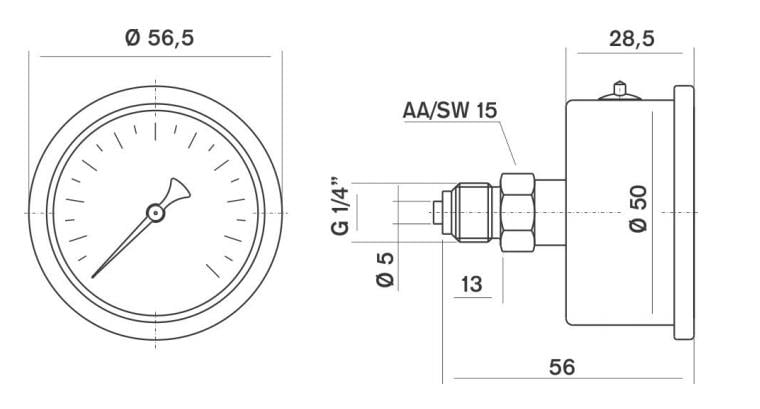 Pakkens 0-2.5 Bar 50 mm Arkadan Bağlantılı Gliserinli Manometre G 1/4 inç