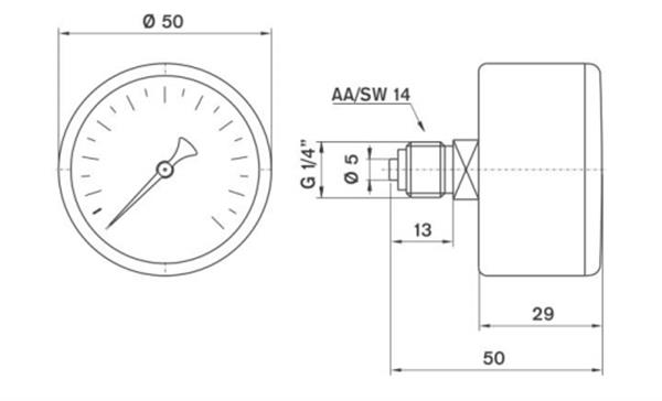Pakkens 0-4 Bar 50 mm Arkadan Bağlantılı Kuru Manometre G 1/8 inç
