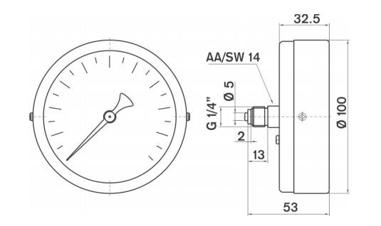 Pakkens 0-40 Bar 100 mm Arkadan Bağlantılı Kuru Manometre G 1/4 inç