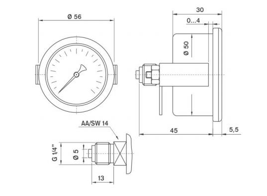 Pakkens 0-40 Bar 50 mm Panotipi Arkadan Bağlantılı Kuru Manometre G 1/8 inç