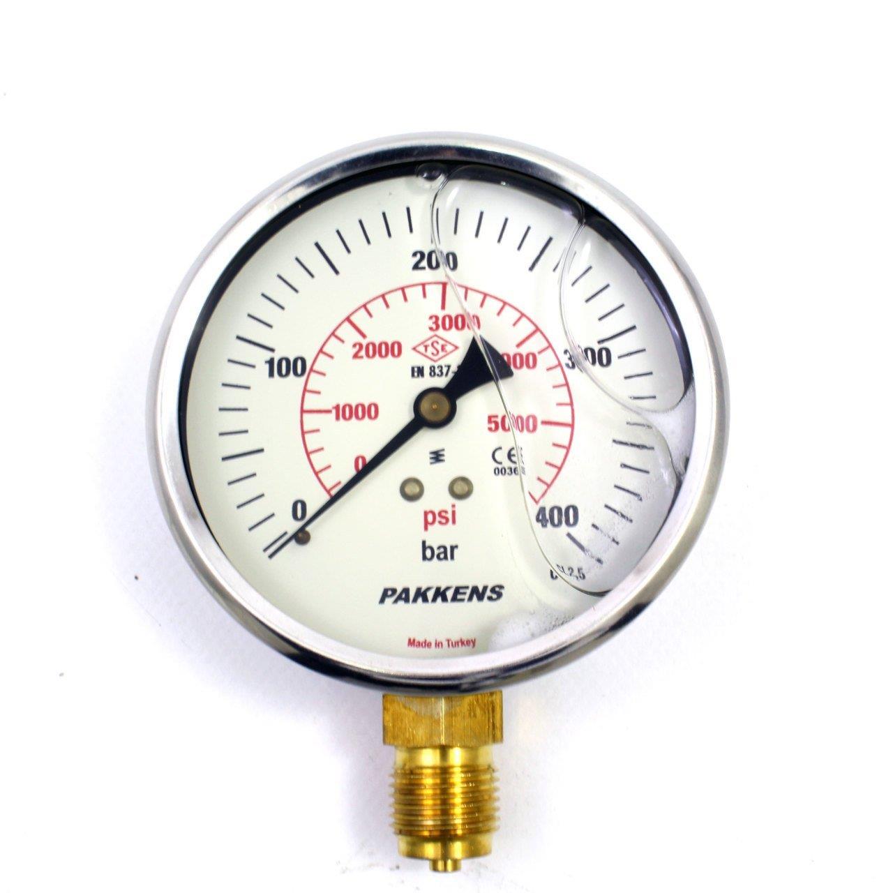 Pakkens 0-400 Bar 160 mm Alttan Bağlantılı Gliserinli Manometre G 1/2 inç