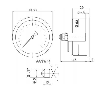 Pakkens 0-600 Bar 63 mm Arkadan Bağlantılı Panotipi Kuru Manometre G 1/4 inç