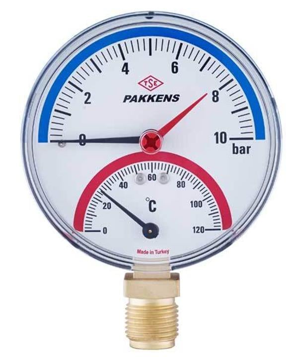 Pakkens - Pakkens 100mm 120 C°/ 10 Bar Kombine Ölçer, Termometre-Manometre