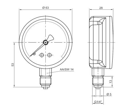 Pakkens Çap 63 0/25 Bar Kuru Tip Basınç Ölçer, Manometre, Basınç Göstergesi 1/4