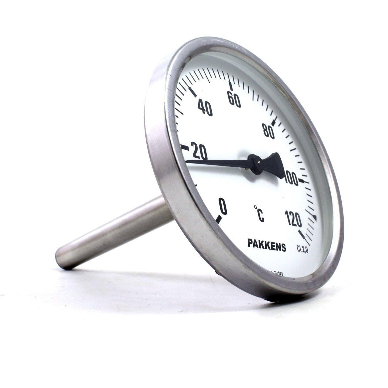Pakkens Termometre 0-120 °C Çap 100 mm Daldırma Boyu 10 cm Arkadan Bağlantılı G 1/2 inç