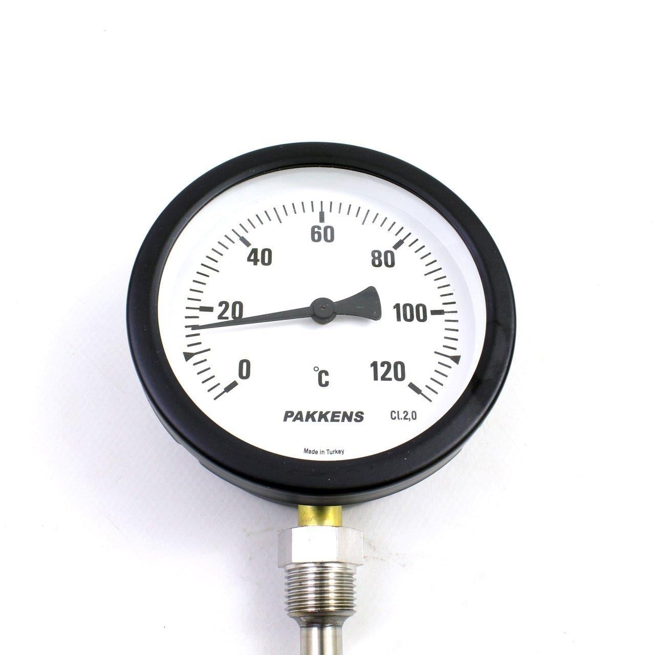 Pakkens Termometre 0-120 °C Çap 100 mm Daldırma Boyu 10 cm Alttan Bağlantılı G 1/2 inç