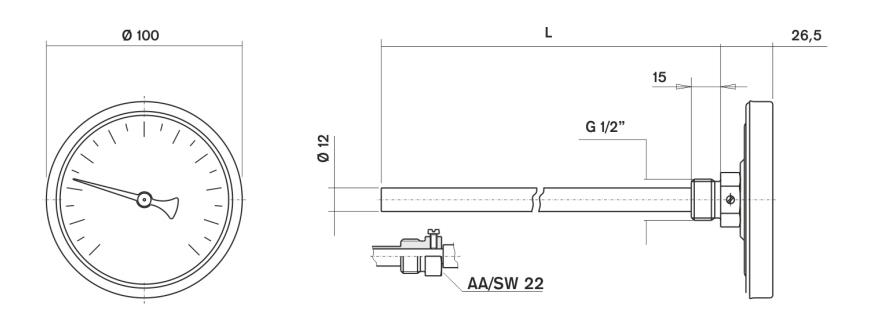 Pakkens Termometre 0-160 °C Çap 100 mm Daldırma Boyu 10 cm Arkadan Bağlantılı G 1/2 inç