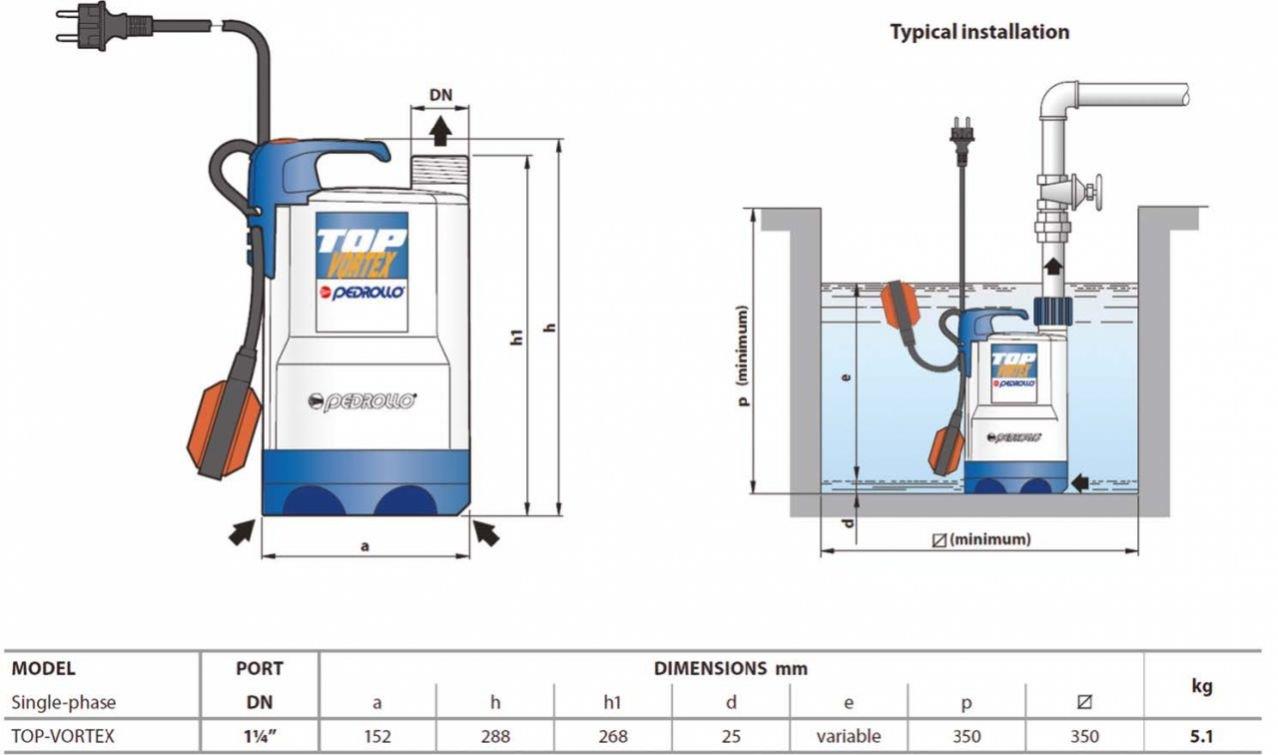 Pedrollo TOP 3 VORTEX Flatörlü Plastik Gövdeli Drenaj Dalgıç Pompa 8.5 mss 10.8 m³/h