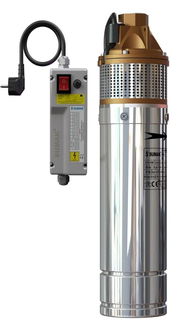 Sumak Pompa - Sumak 4SDM100 4'' Paslanmaz Dalgıç Pompa Monofaze (220V) 1HP (Panolu, 30 m. Kablolu)