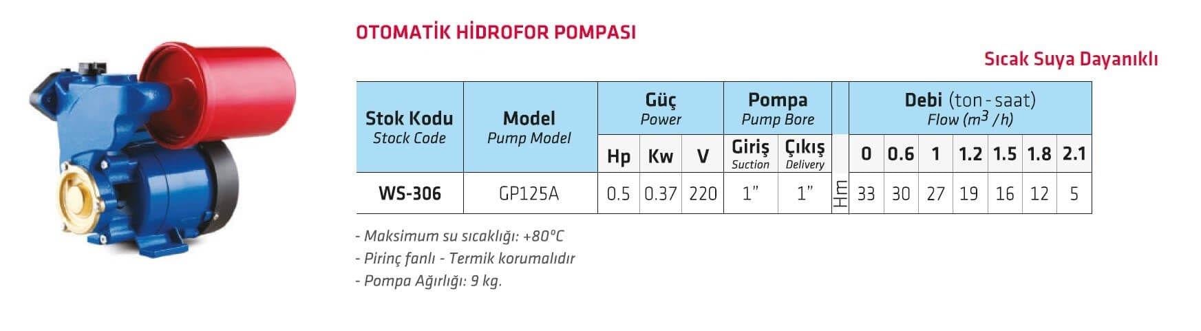 Water Sound GP125A Otomatik Sıcak Su Hidroforu 3.5 Bar 35 lt/dk
