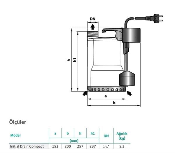 Wilo Drain Compact Gizli Flatörlü Az Kirli Su Drenaj Dalgıç Pompa 5 Mt. Kablolu 8 mss 13 m³/h 220 Volt