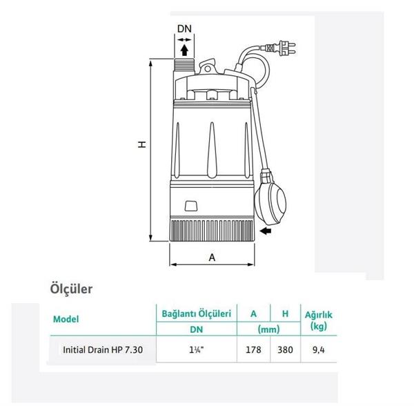 Wilo Drain HP 7.30 Yüksek Basınçlı Drenaj Dalgıç Pompa 30 mss 4.8 m³/h 220 Volt