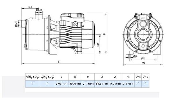 Wilo Jet SPS Mini 3.46 Paslanmaz Gövdeli Kendinden Emişli Jet Pompa 1 Hp 40 mss 3.6 m³/h