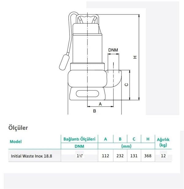 Wilo Waste Inox 18.8 Kirli Su Paslanmaz Gövdeli Drenaj Dalgıç Pompa 8 mss 18 m³/h 220 Volt
