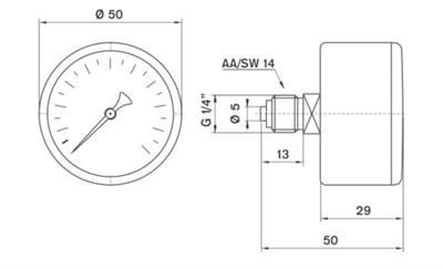 Pakkens 0-25 Bar 50 mm Arkadan Bağlantılı Kuru Manometre G 1/8 inç
