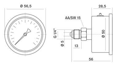 Pakkens 0-40 Bar 50 mm Arkadan Bağlantılı Gliserinli Manometre G 1/4 inç