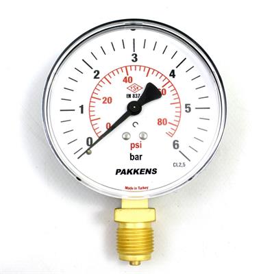 Pakkens 0-6 Bar 100 mm Alttan Bağlantılı Kuru Manometre G 1/2 inç