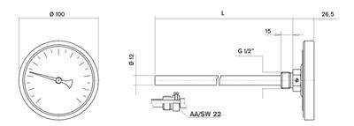 Pakkens Termometre 0-120 °C Çap 100 mm Daldırma Boyu 10 cm Arkadan Bağlantılı G 1/2 inç