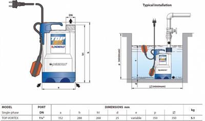 Pedrollo TOP 3 VORTEX Flatörlü Plastik Gövdeli Drenaj Dalgıç Pompa 8.5 mss 10.8 m³/h