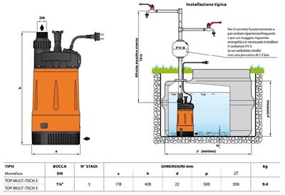 Pedrollo TOP MULTI 2 TECH Otomatik Hidroforlu Drenaj Dalgıç Pompa