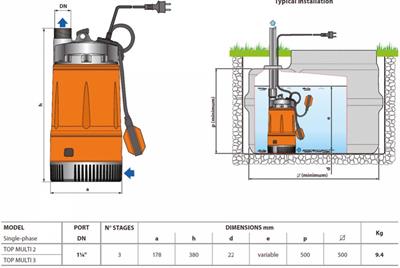Pedrollo TOP MULTI 3 Flatörlü Plastik Gövdeli Drenaj Dalgıç Pompalar