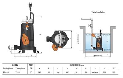 Pedrollo TR 0.75 Parçalayıcı Bıçaklı (Öğütücülü) Foseptik Dalğıç Pompa Trifaze (380V) 16,5 mss 7.5 m³/h