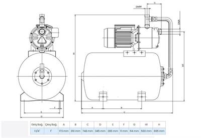 Wilo Aqua SPS 50-5.56 Paslanmaz Jet Pompalı 50 Lt Tanklı Otomatik Hidrofor 7 Kat 10 Daire, 1.5Hp