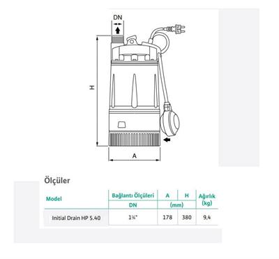 Wilo Drain HP 5.40 Yüksek Basınçlı Drenaj Dalgıç Pompa 40 mss 7.2 m³/h 220 Volt