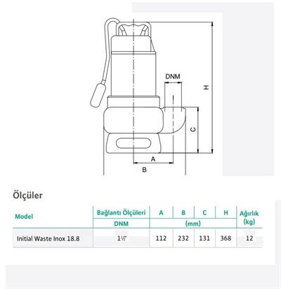 Wilo Waste Inox 18.8 Kirli Su Paslanmaz Gövdeli Drenaj Dalgıç Pompa 8 mss 18 m³/h 220 Volt
