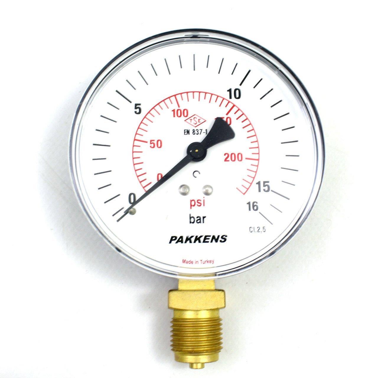 Pakkens - Pakkens 0-16 Bar 100 mm Alttan Bağlantılı Kuru Manometre G 1/2 inç