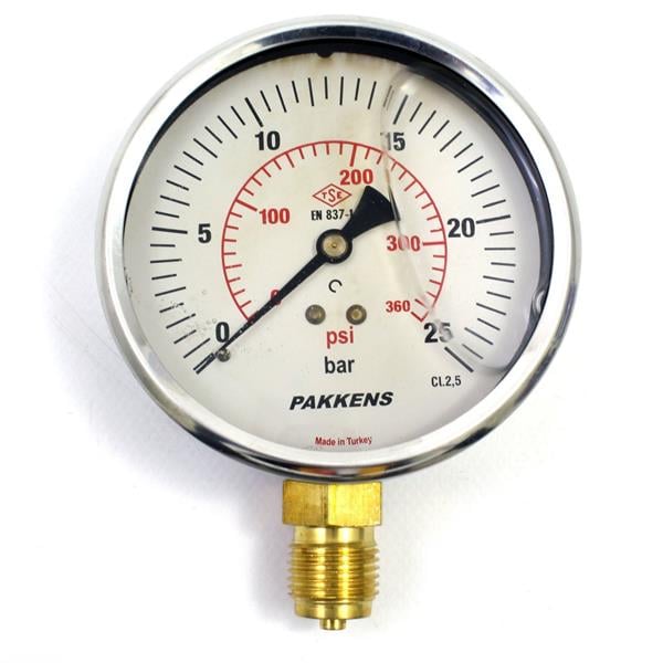 Pakkens - Pakkens 0-25 Bar 100 mm Alttan Bağlantılı Gliserinli Manometre G 1/2 inç