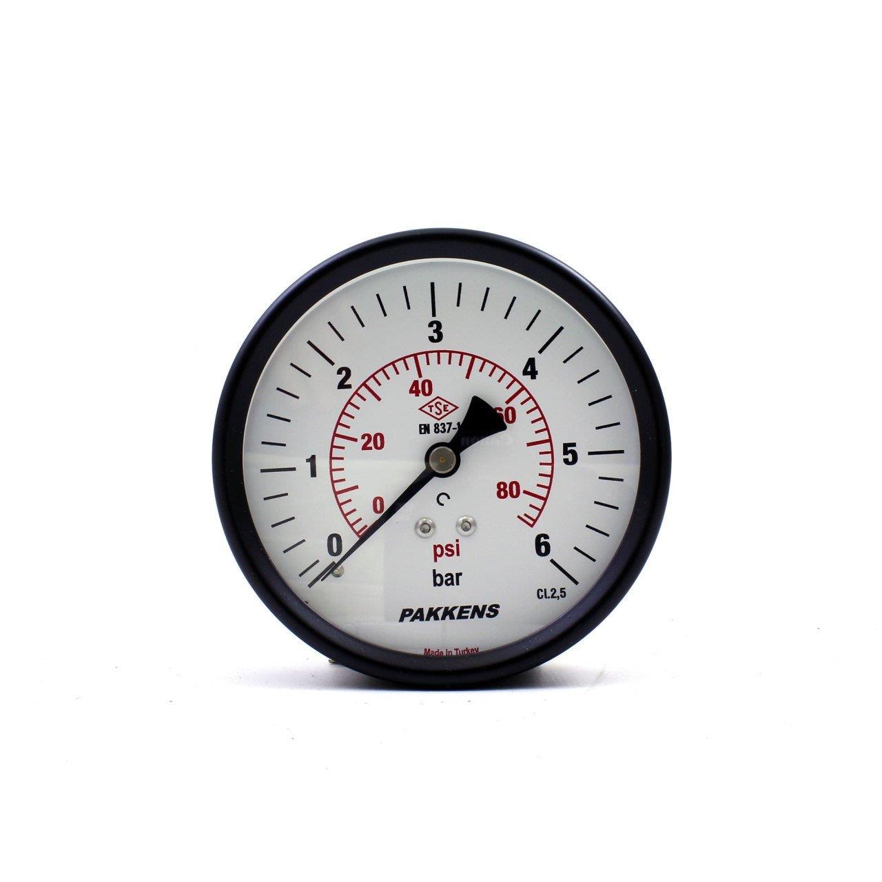 Pakkens - Pakkens 0-6 Bar 100 mm Arkadan Bağlantılı Kuru Manometre G 1/4 inç