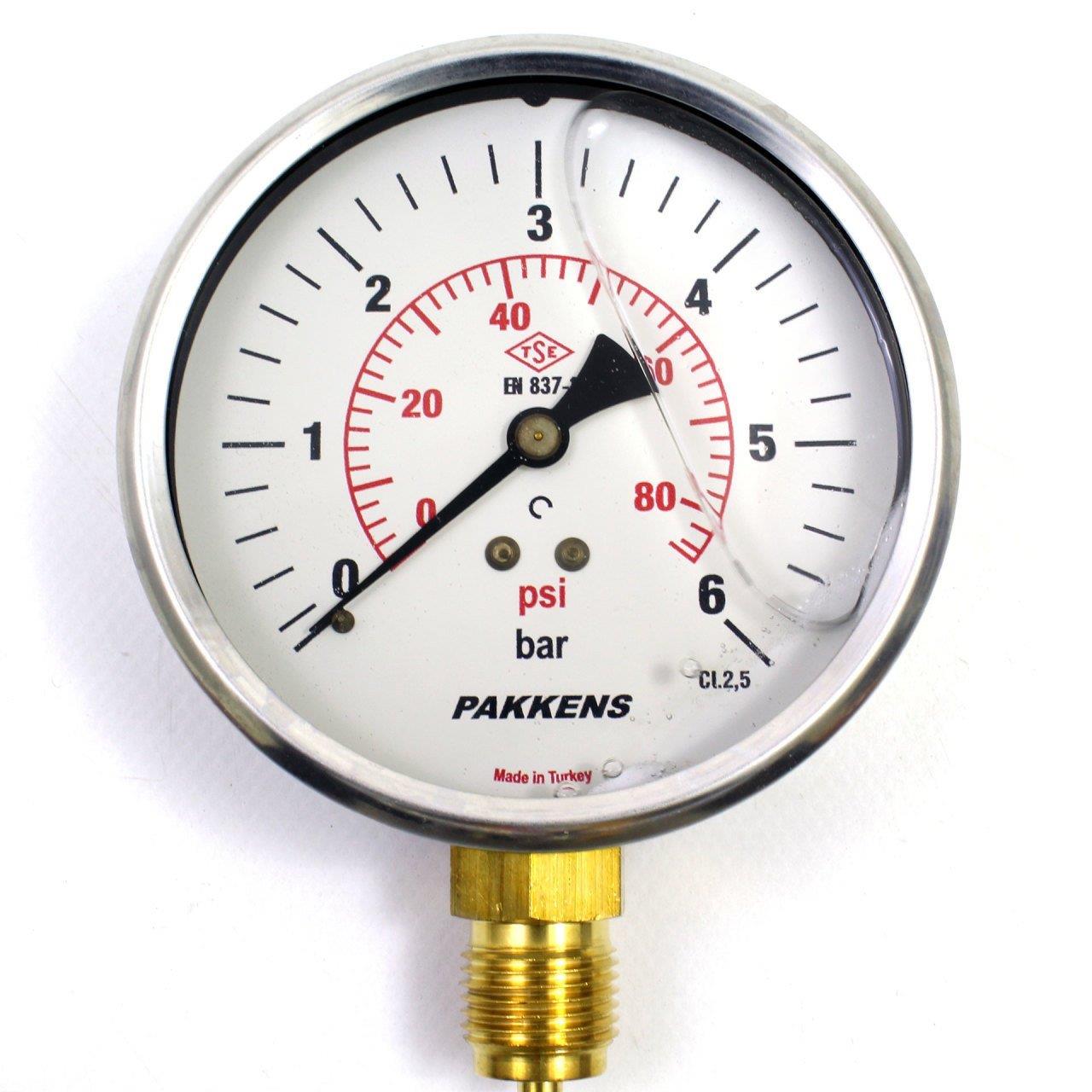 Pakkens - Pakkens 0-6 Bar 160 mm Alttan Bağlantılı Gliserinli Manometre G 1/2 inç