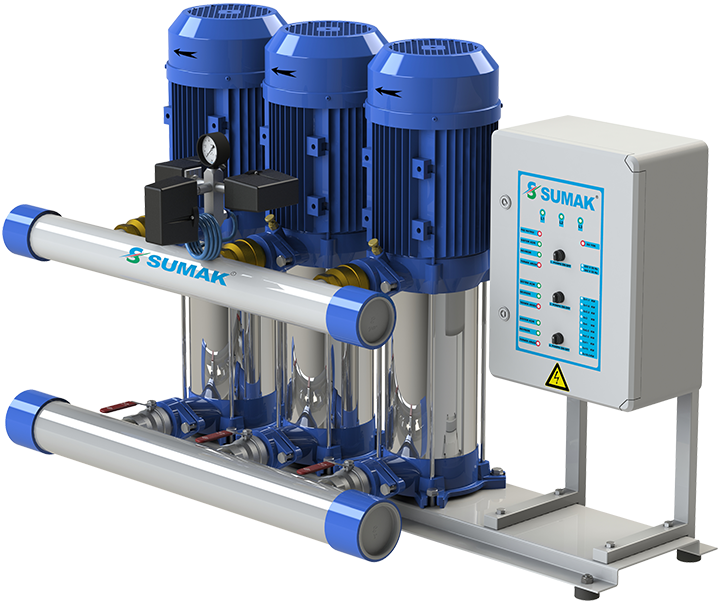 Sumak Pompa - Sumak SHT8C-400/10 Düşey Milli Kademeli Üç Pompalı Hidrofor 10 KAT 76 DAİRE 3x3 kW