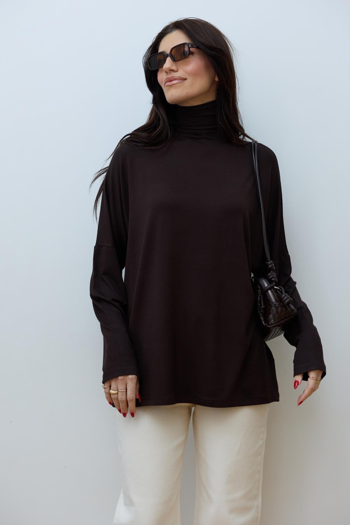 Acı Kahve Balıkçı Yaka Oversize Likralı Bluz