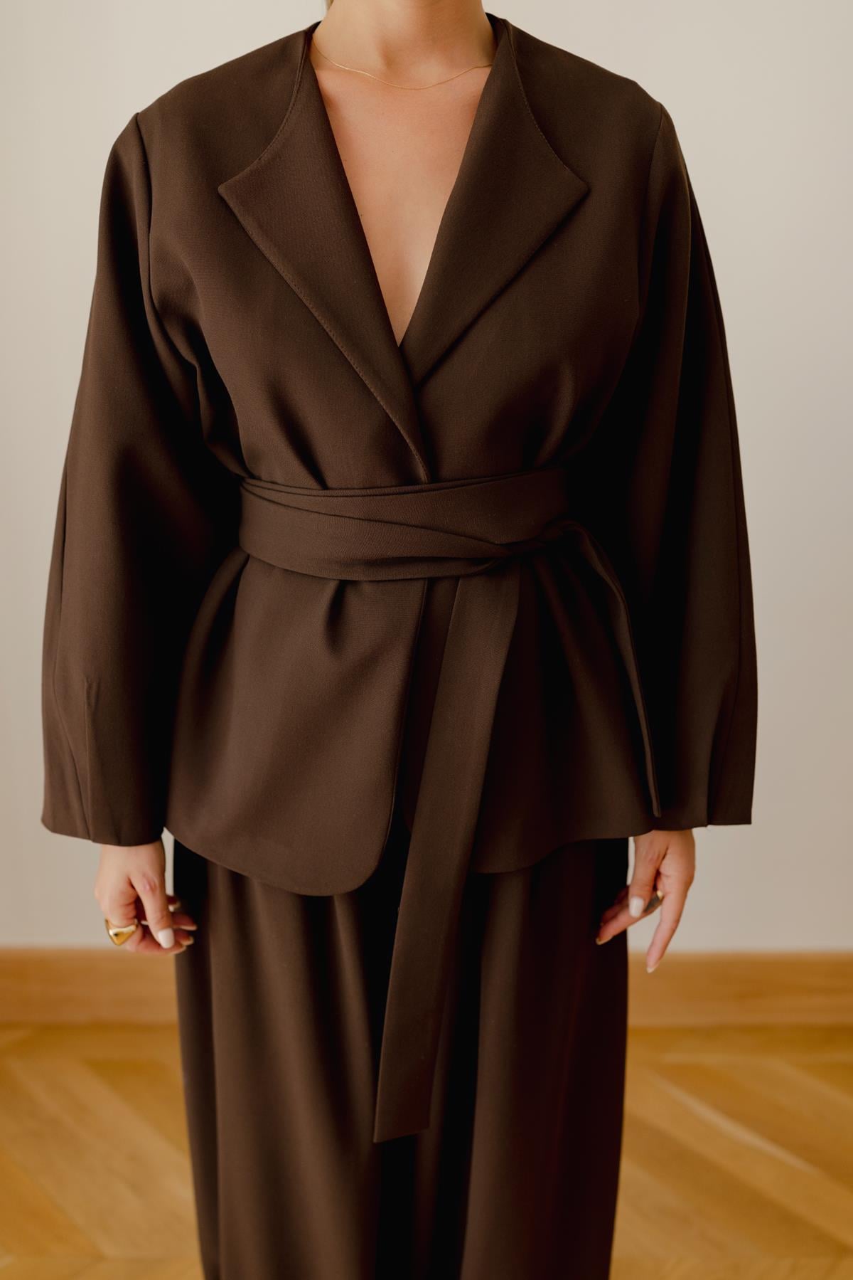 Acı Kahve Balon Kol Kuşaklı Kimono