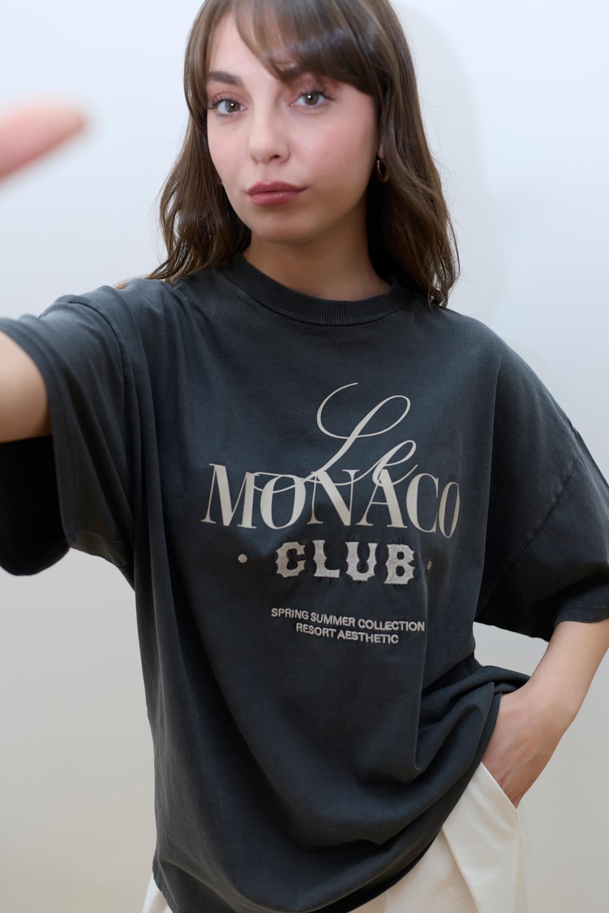 Antrasit Bisiklet Yaka Yazı Detaylı Yıkamalı T-Shirt
