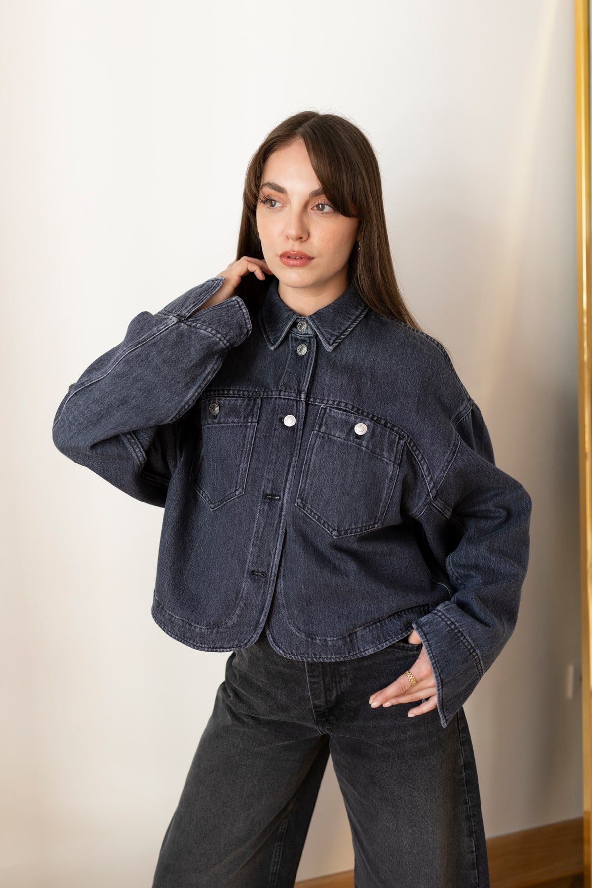 Antrasit Polo Yaka Kısa Denim Gömlek