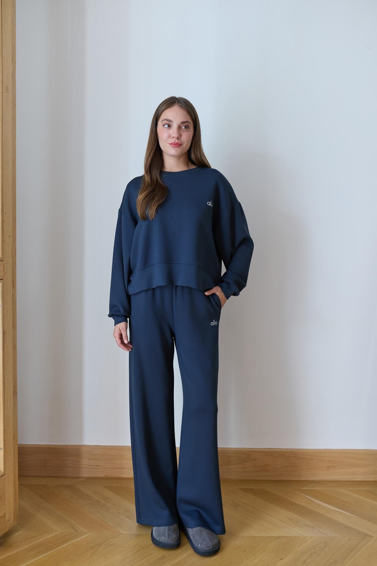 Antrasit Yazı Baskılı Crop Sweat Pantolon Eşofman Takım