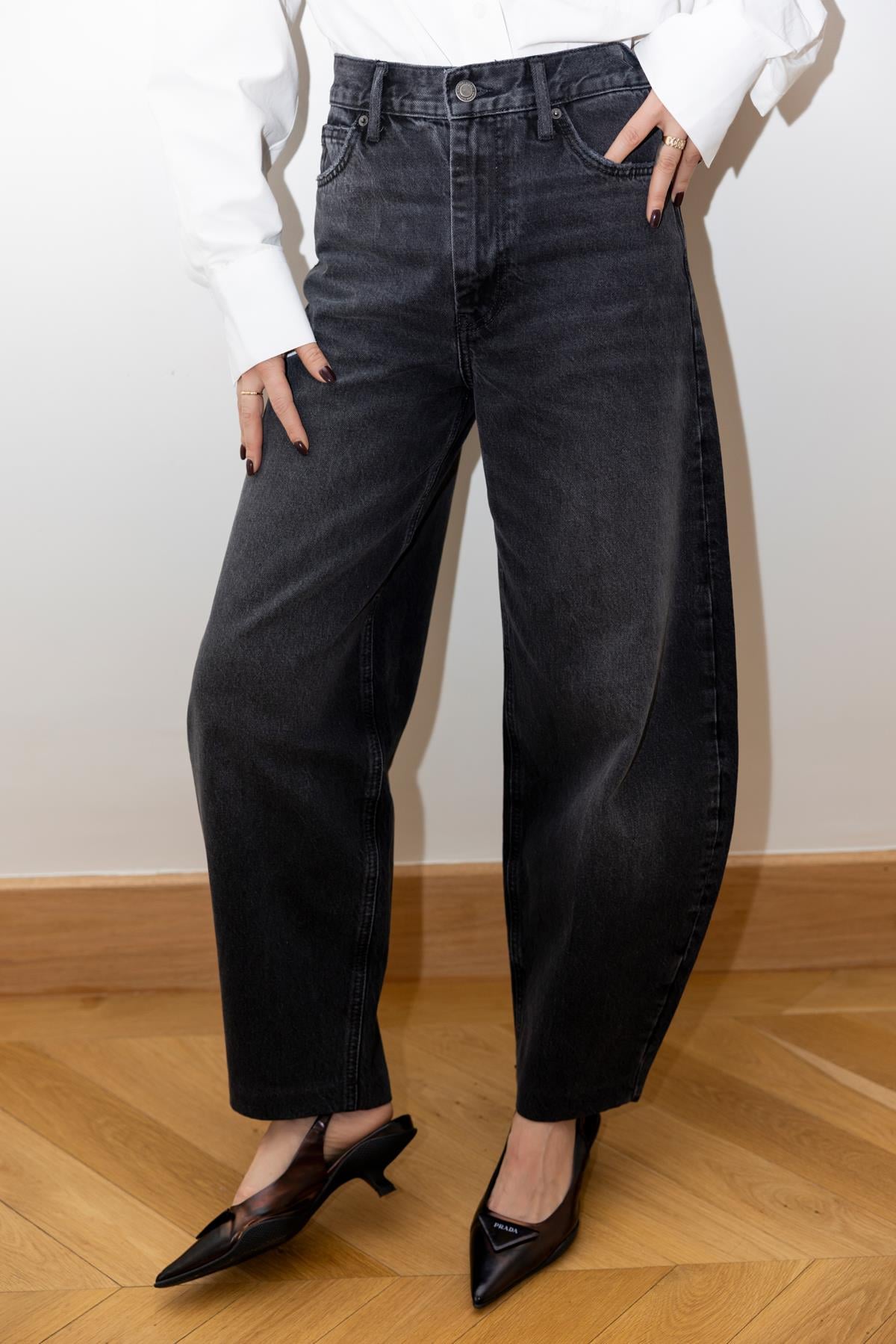 Antrasit Yüksek Bel Slouchy Jean Pantolon