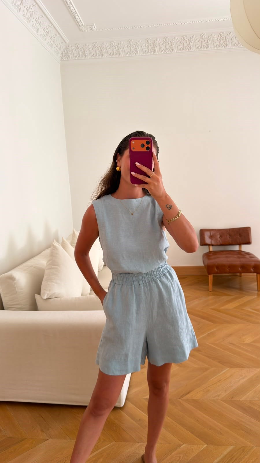 Bebe Mavi Beli Lastikli Keten Şort