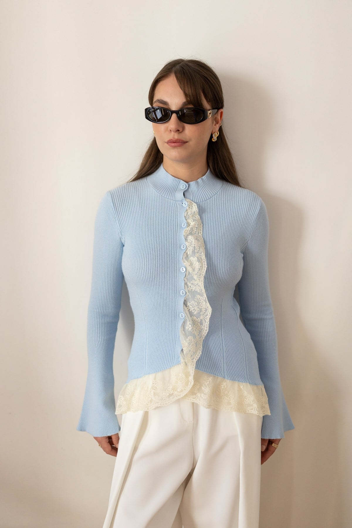 Bebe Mavi Dantel Detaylı İspanyol Kol Likralı Hırka